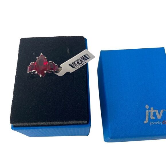 Marquuise & Baguette Red Lab Created Ruby Rhodium Over Sterling Silver Ring 2.87 - Picture 7 of 7